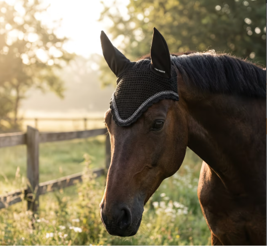 Crochet Horse Ear Bonnet – Fly Veil with Crystal Rope Trim