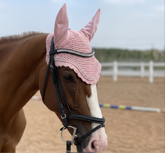 Crochet Horse Ear Bonnet – Fly Veil with Crystal Rope Trim