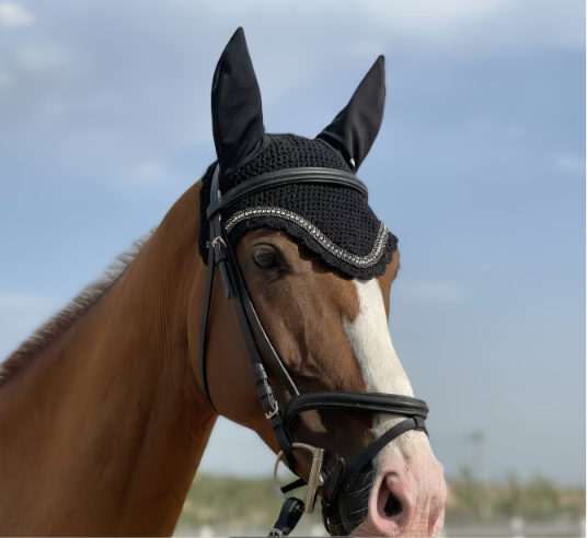 Crochet Horse Ear Bonnet – Fly Veil with Crystal Rope Trim