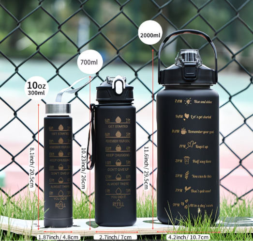 Frosted Motivational Water Bottle Set – 3-Piece (300ml, 700ml & 2000ml)