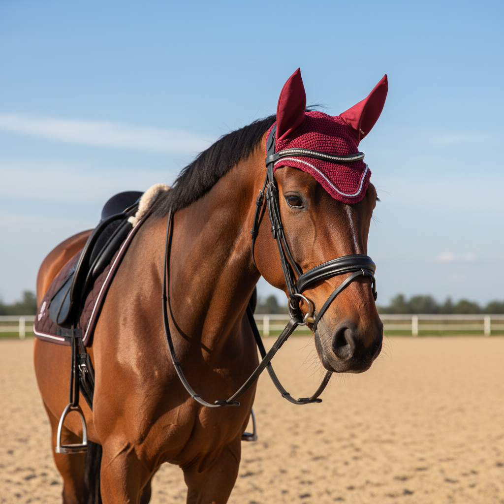 Burgundy ear bonnet horse sandy arena