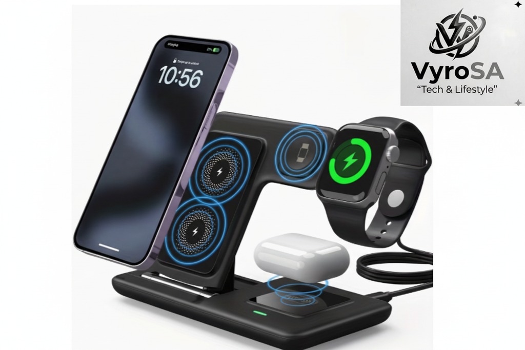 3-in-1 Wireless Charger with VyroSA Logo - White Background