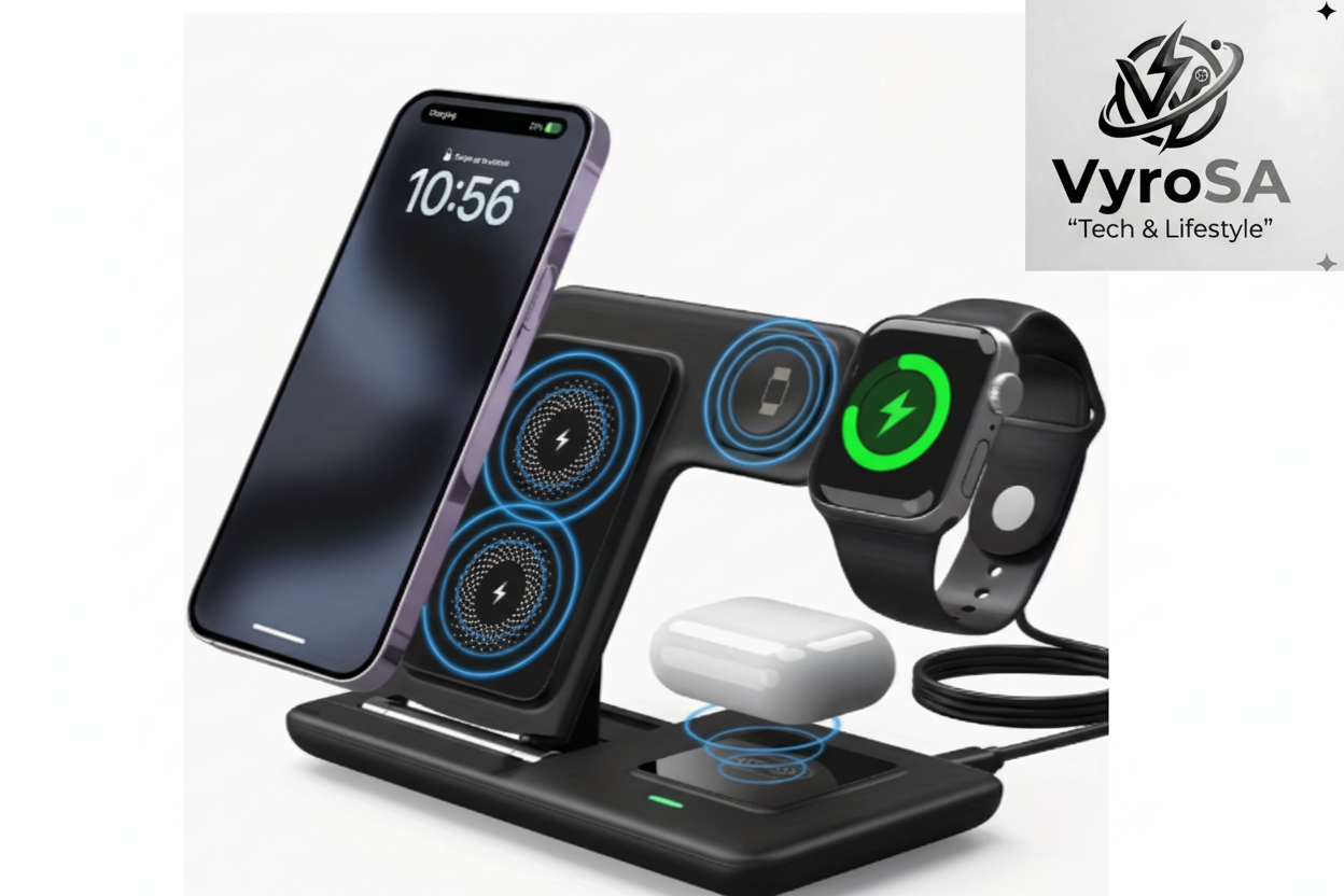 3-in-1 Wireless Charger with VyroSA Logo - White Background